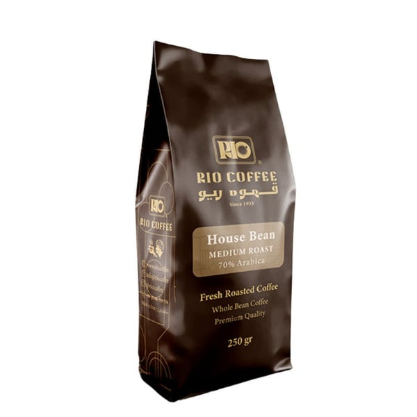 دانه قهوه 70% عربیکا و 30% روبوستا با رست متوسط، غلظت متوسط و عطر قوی مدل هاوس بین قهوه ریو 250 گرم 
