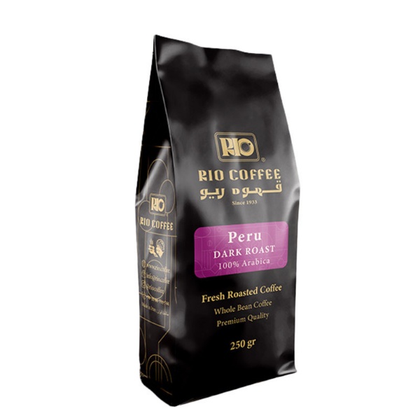 دانه قهوه 100% عربیکا با رست زیاد، غلظت متوسط و عطر قوی مدل پرو قهوه ریو 250 گرم 