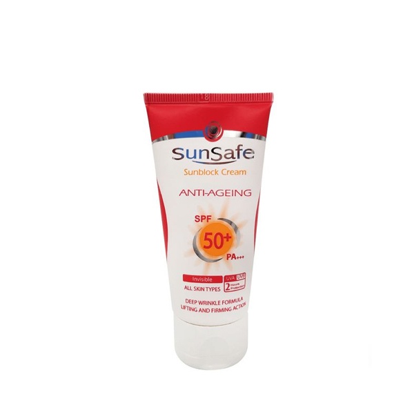 کرم ضد آفتاب ضد چروک SPF50 مناسب برای انواع پوست ها بدون رنگ سان سیف 50میل