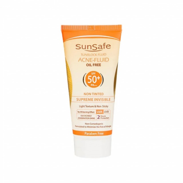 فلوئید ضد آفتاب spf 50 فاقد چربی مناسب جهت پوست های چرب و آکنه ای -بدون رنگ سان سیف 50میل