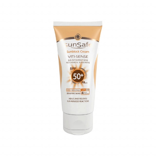 کرم ضد آفتابSPF50 مناسب برای پوست های حساس و حساس به نور خورشید کرم پودری بژ طبیعی 50میل